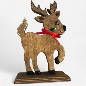 VTG Handmade Wooden Reindeer Christmas Decor with Red Bow